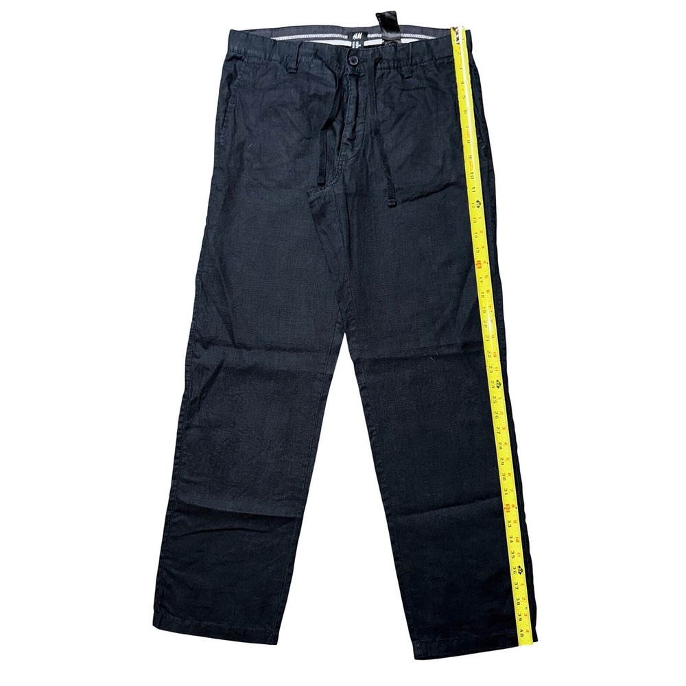 H&M Black 100% Linen Straight Leg Drawstring Pants 33R Womens Mens Casual - Picture 7 of 13